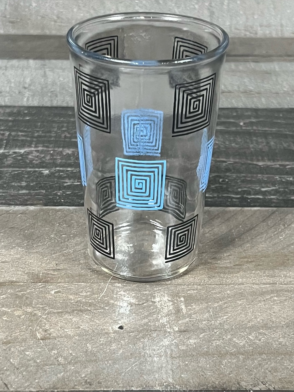 Vintage Mid-Century Modern Geometric Glass Tumbler Blue/Black Atomic Era Pattern
